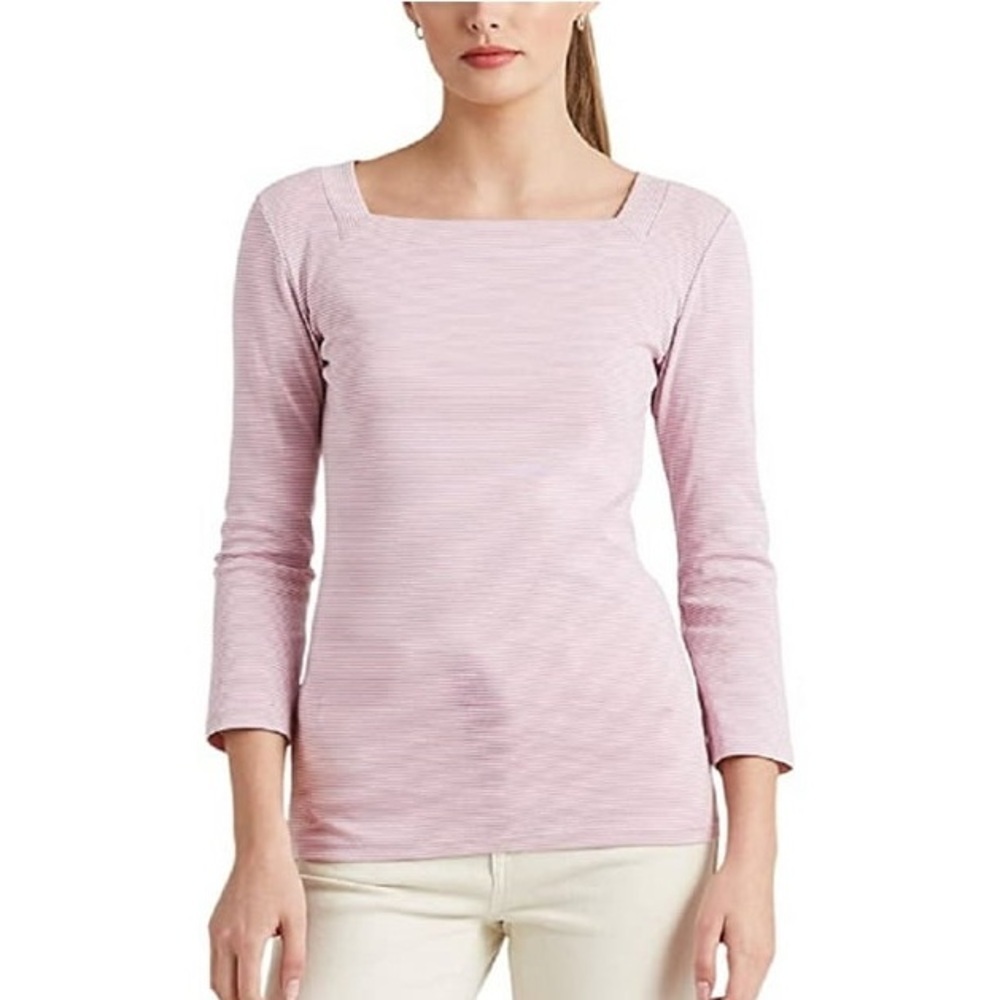 Lauren Ralph Lauren Size L Purple Striped 3/4 Sleeve Square Neck Top Blouse NWT